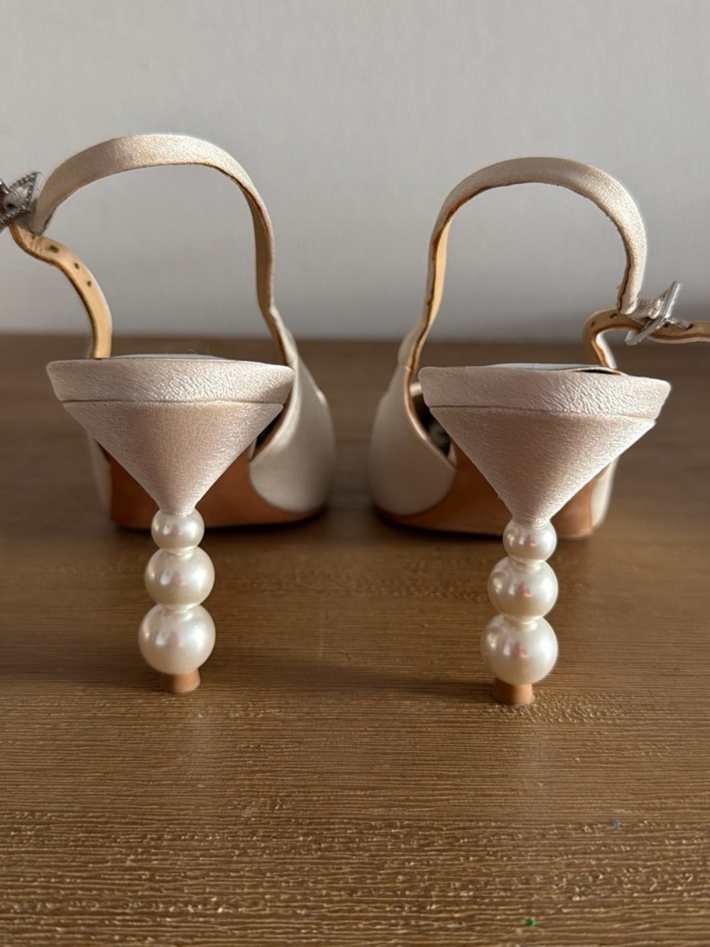Badgley Mischka Ivory Satin Pearl-Stack Heel Slingbacks